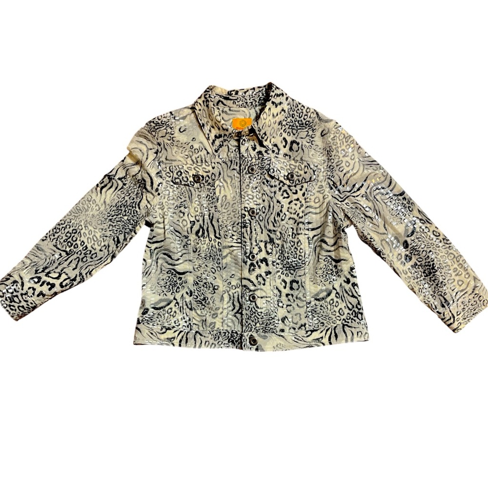 Ruby Rd. Tiger Print Jacket 10p animal cheetah white gray black clean